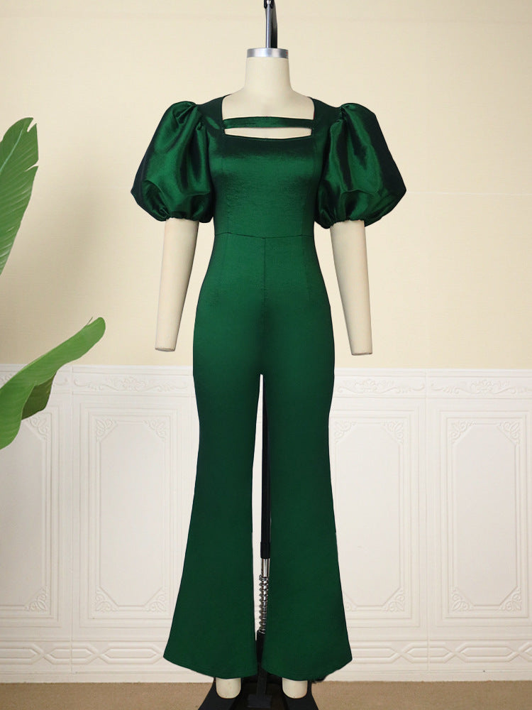 Damen eleganter Overall mit Puffärmeln und quadratischem Ausschnitt R&B