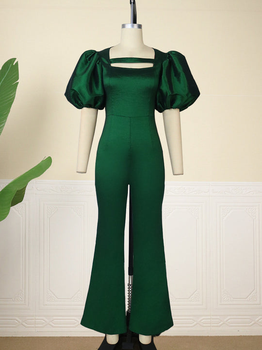 Damen eleganter Overall mit Puffärmeln und quadratischem Ausschnitt R&B