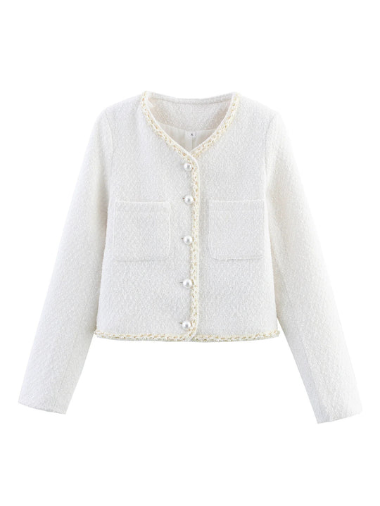 Damen elegante Kurzarmpulloverjacke mit perlverzierten Knöpfen und aufgesetzten Taschen R&B