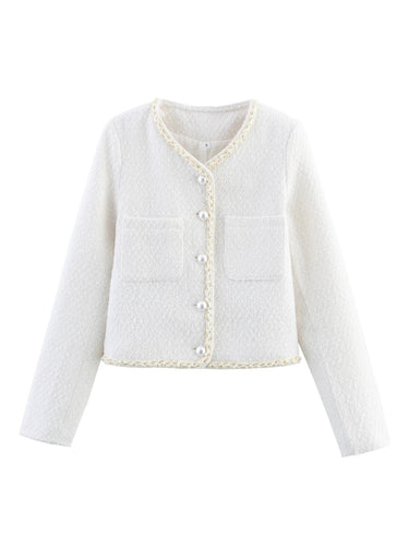 Damen elegante Kurzarmpulloverjacke mit perlverzierten Knöpfen und aufgesetzten Taschen R&B