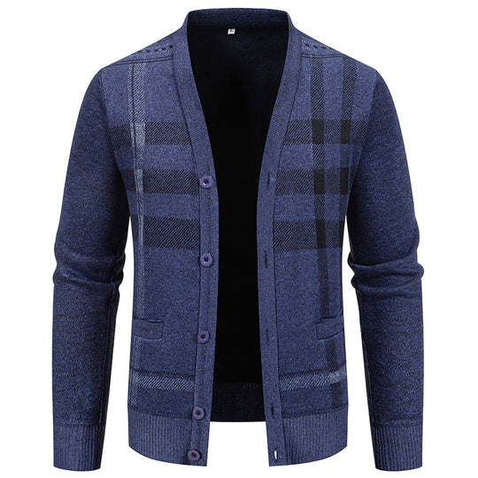 Herren stilvolle Strickjacke mit modernem Karomuster und praktischen Taschen R&B