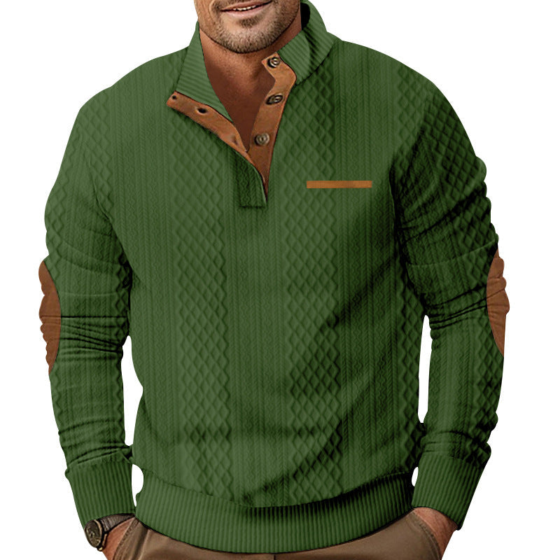 Herren nan strukturiertes Halbknopf-Pullover mit gesteppter Oberfläche, Ellbogen-Patches und Stehkragen R&B