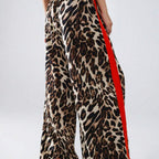 Damen weite Leinenhose mit modischem Leopardenmuster und kontrastierendem Streifen R&B