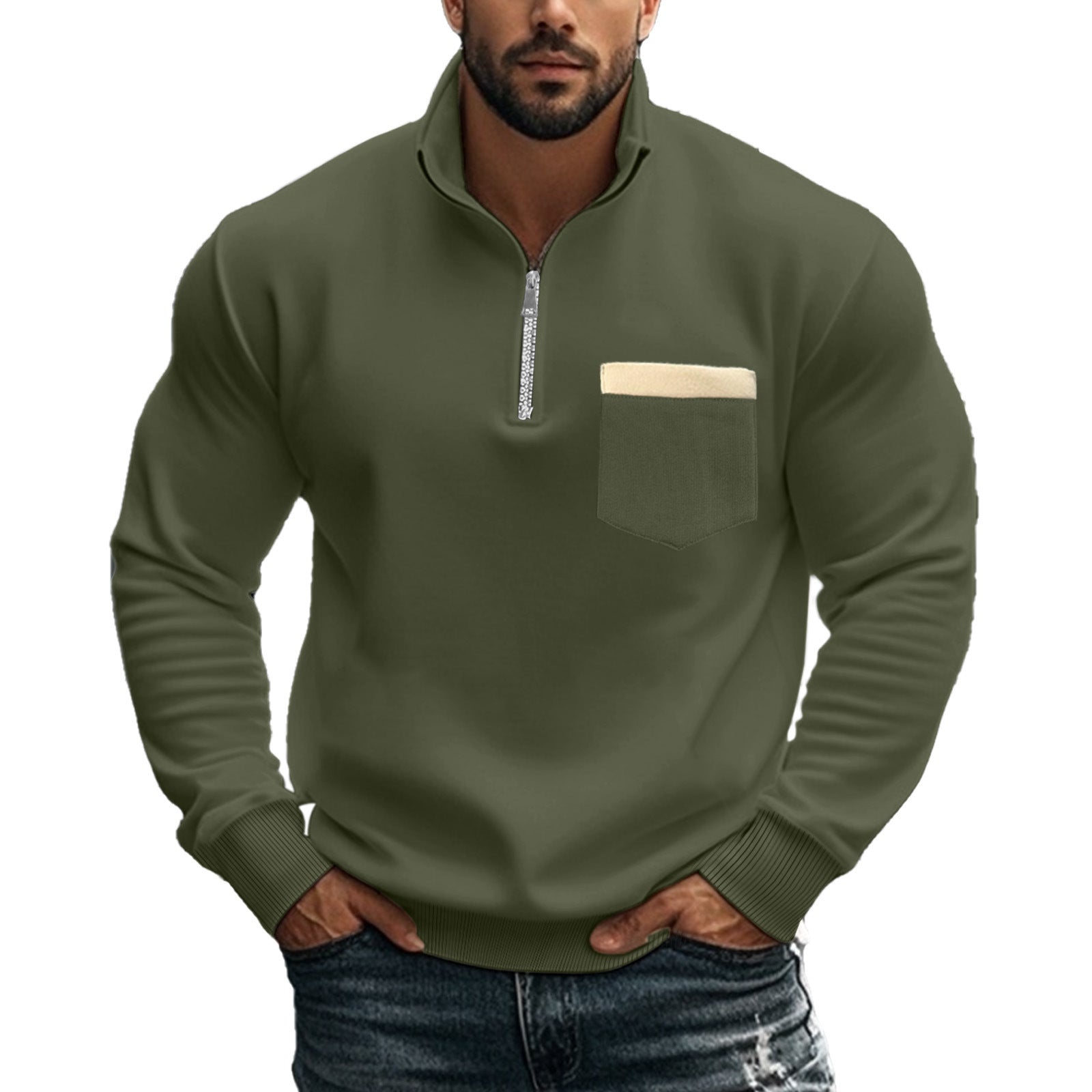 Herren Sportlicher Pullover mit halbem Reißverschluss und Kontrastbrusttasche R&B
