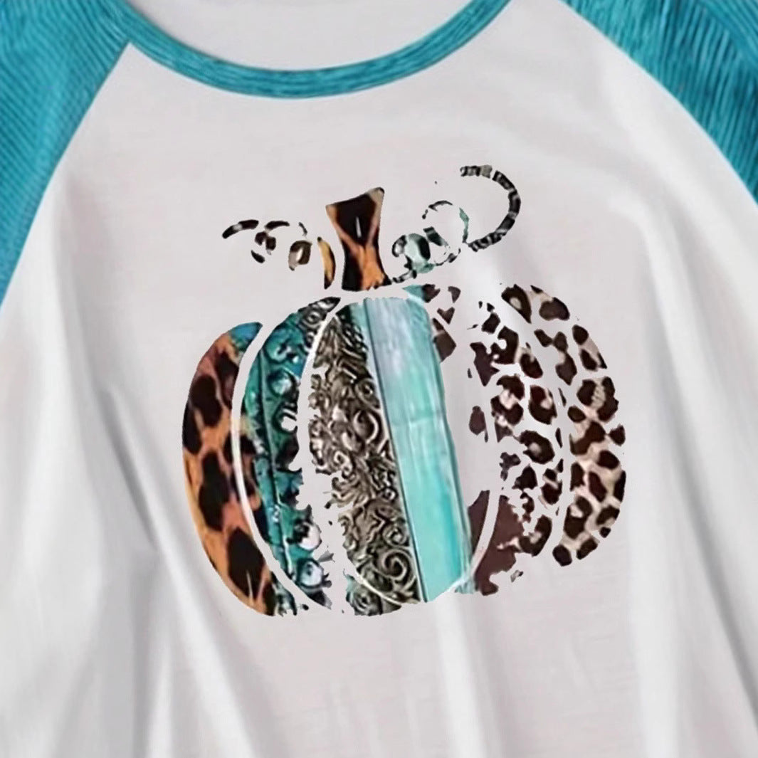 Damen Langarmshirt mit kreativem Kürbis-Design und kontrastierenden Ärmeln R&B