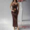 Damen Elegantes Satin-Maxi-Kleid mit verführerischen Spaghettiträgern und femininer Silhouette R&B