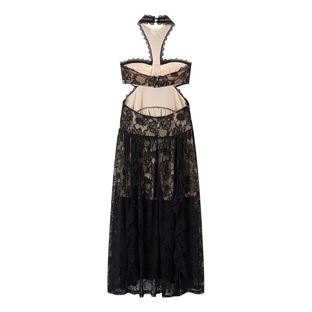 Damen Spitzenmaxikleid mit raffinierten Rüschendetails und elegantem Halterneck R&B
