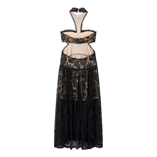 Damen Spitzenmaxikleid mit raffinierten Rüschendetails und elegantem Halterneck R&B