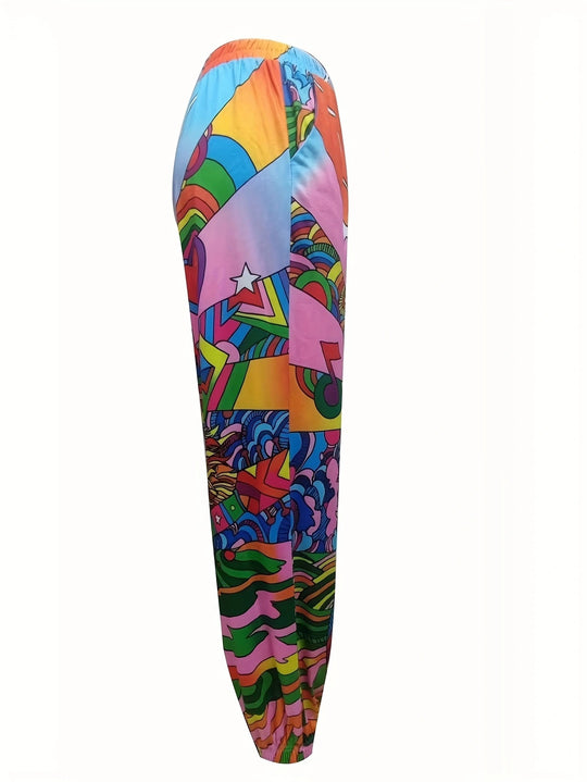 Damen Bunte Freizeithose mit elastischem Bund und einzigartigem Grafikdesign R&B