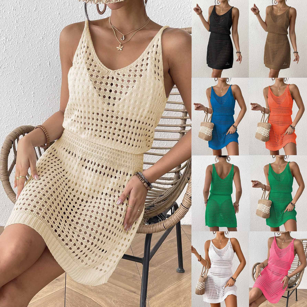 Damen Häkel-Strandkleid mit netzartigem Lochmuster und verstellbarem Schnitt R&B
