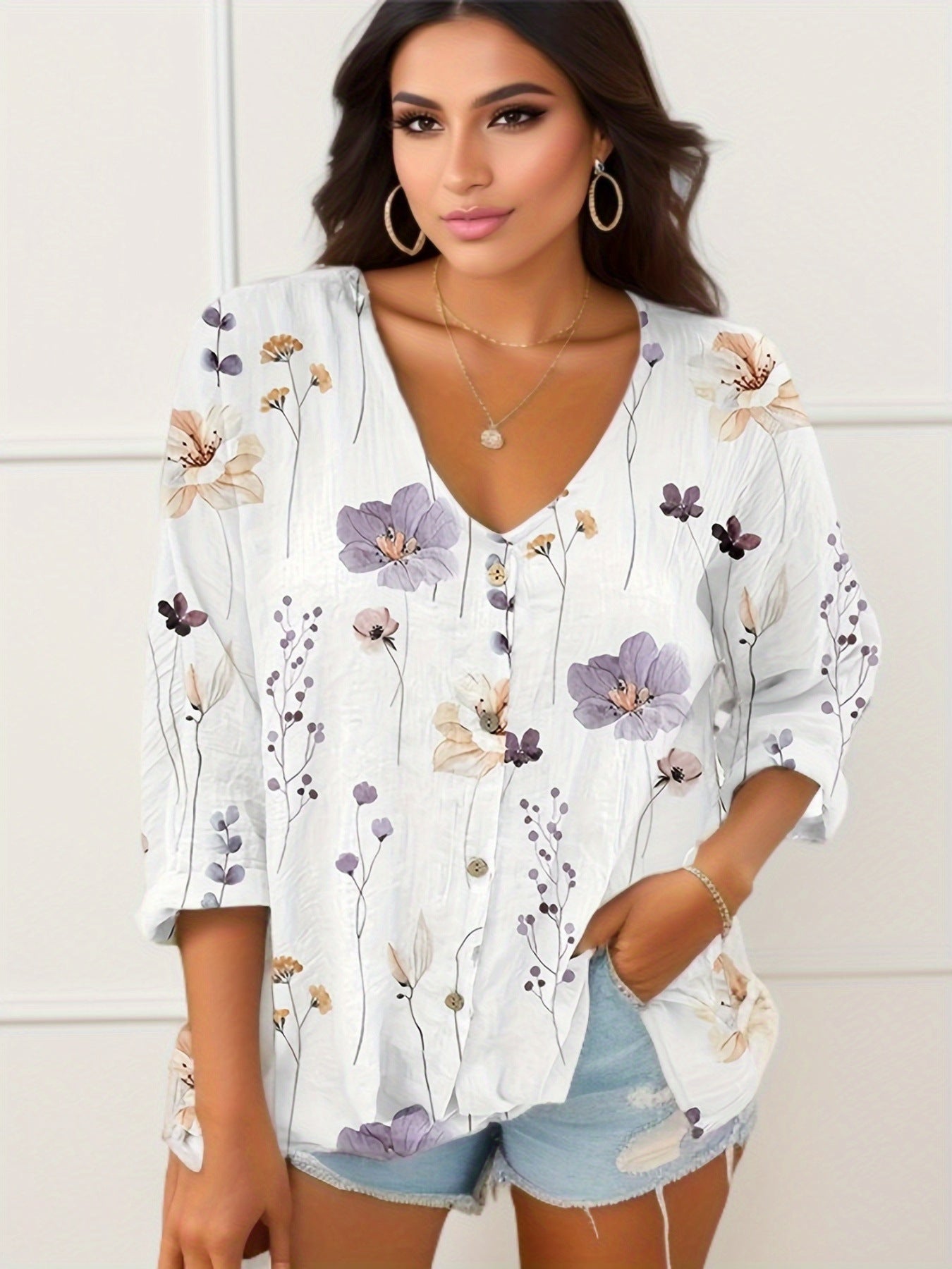 Damen Lässiges Blusenshirt mit floralem Druck und Knopfverschluss R&B