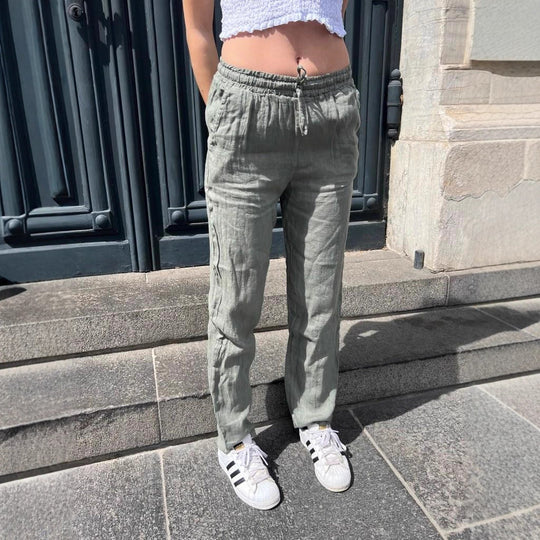 Damen lockere Leinenhose mit elastischem Bund und seitlichen Taschen R&B