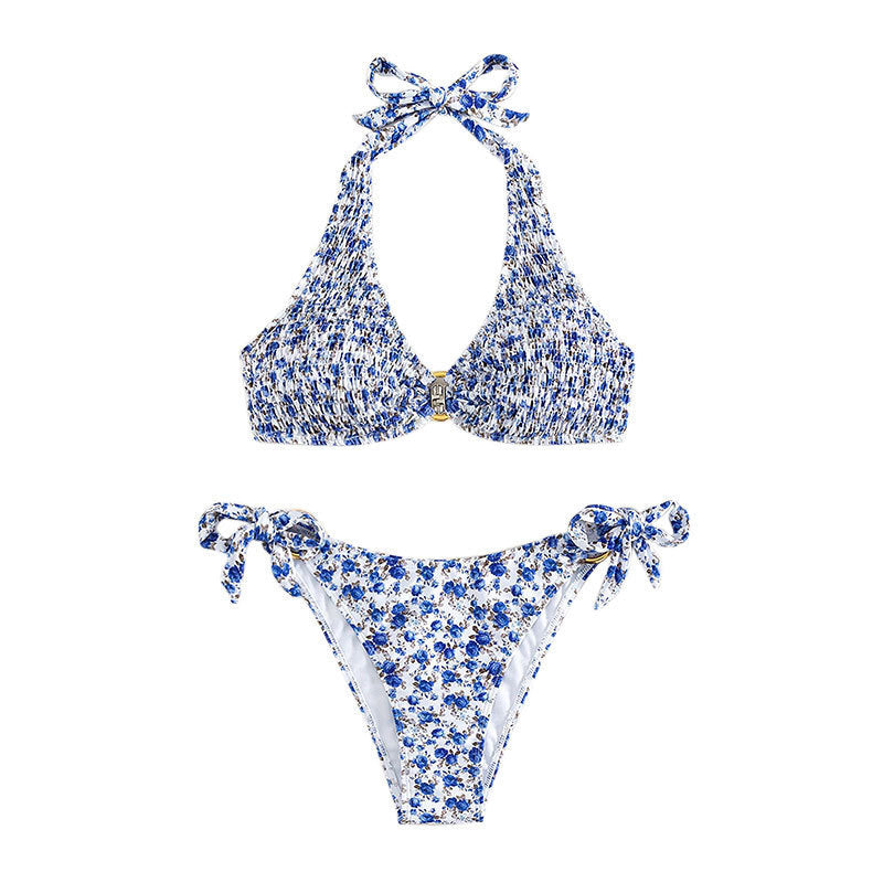 Damen Triangel-Bikini mit verspieltem Blumenmuster und komfortablen Schleifen