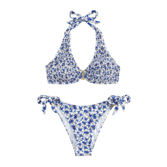 Damen Triangel-Bikini mit verspieltem Blumenmuster und komfortablen Schleifen R&B