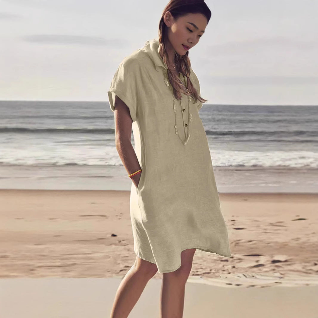 Damen leichtes Strandhemdkleid mit Knopfleiste und Seitentaschen R&B