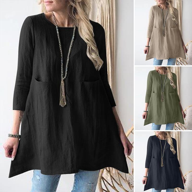 Damen lässiges Tunika-Kleid mit praktischen Taschen und 3/4-Ärmeln R&B