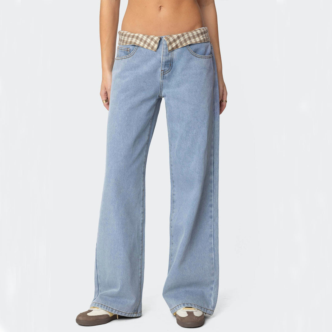 Damen Weite Jeans mit kariertem Bund R&B