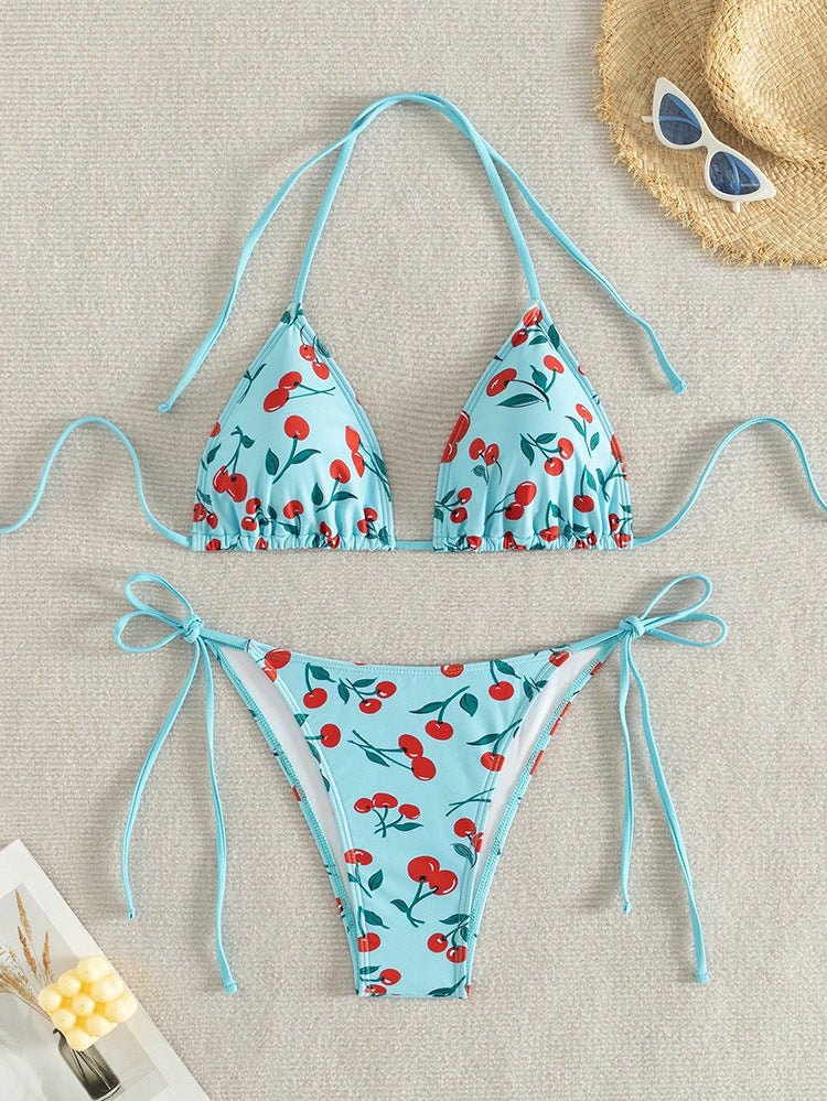 Damen Triangel-Bikini mit frischem Kirschmotiv und verstellbaren Bindebändern R&B