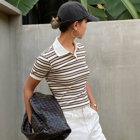 Damen Polo Shirt mit gestreiftem Design und feiner Rippstruktur R&B