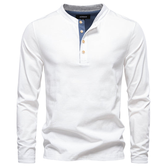 Herren nan legeres Baumwoll-Langarmshirt mit kurzer Knopfleiste und Stehkragen R&B