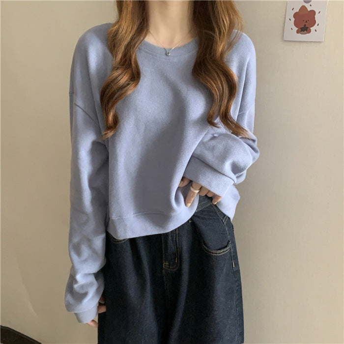 Damen lässiger cropped Pullover aus weichem Baumwollmix mit modischem Rundhalsausschnitt R&B