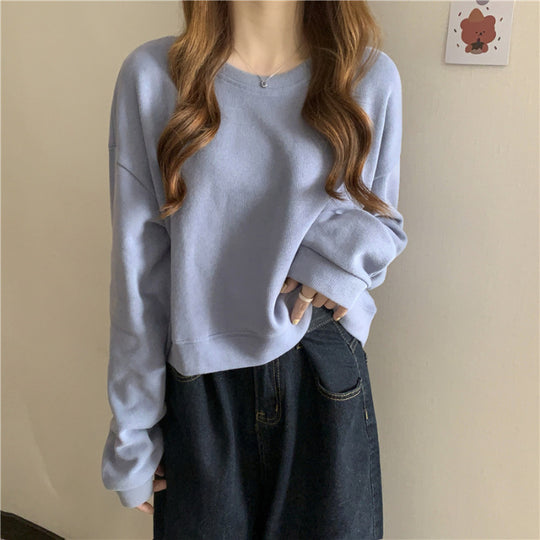Damen lässiger cropped Pullover aus weichem Baumwollmix mit modischem Rundhalsausschnitt R&B
