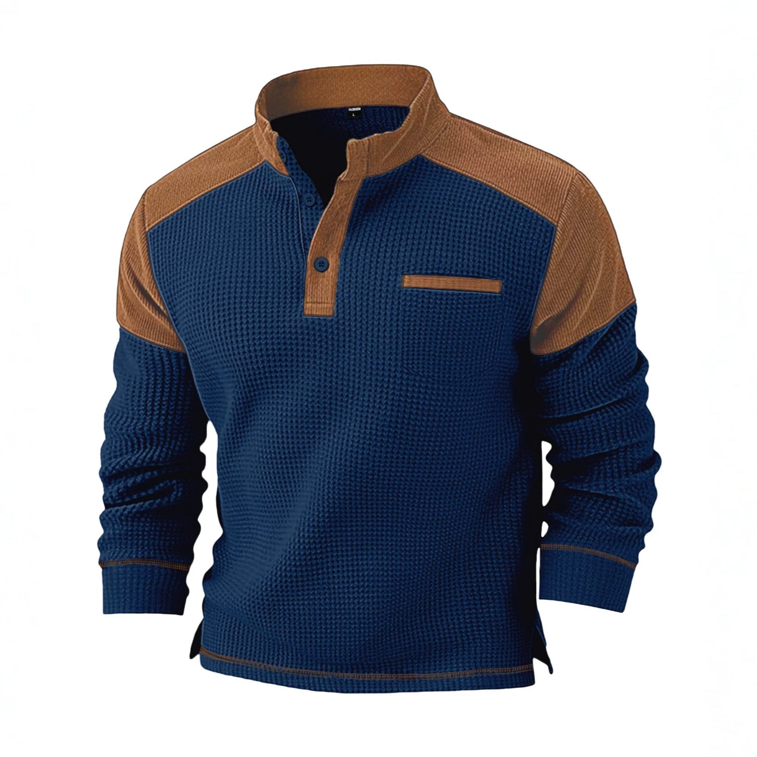 Herren nan Waffelstrick-Henley mit Stehkragen, Cord-Schulterpasse und Brustpaspel R&B