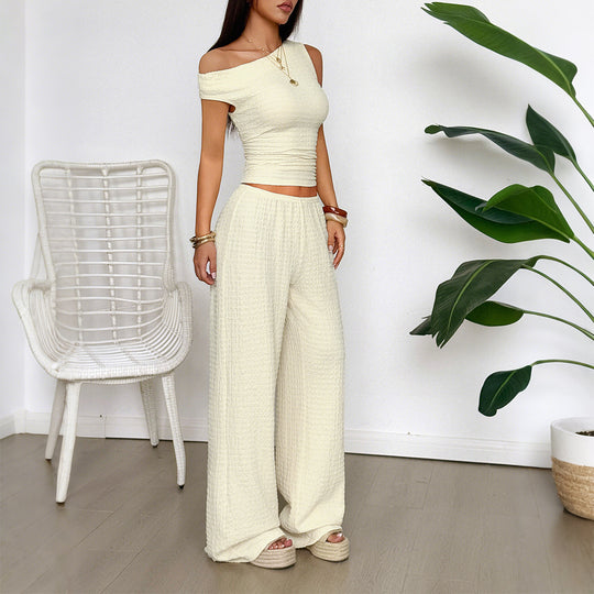 Damen Zweiteiliges Set aus elastischem Rippstoff mit asymmetrischem Top und weitem Hosen R&B