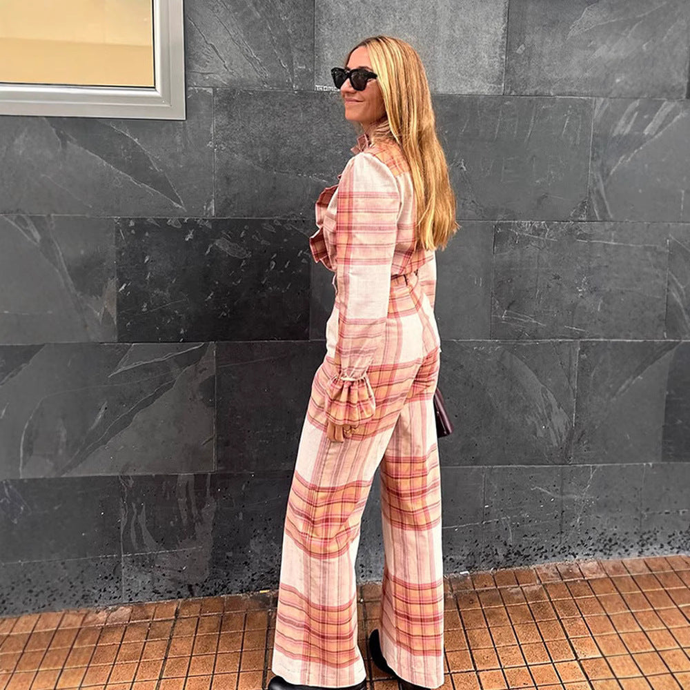 Damen Karomuster Jumpsuit mit Gürtel und Rüschen R&B