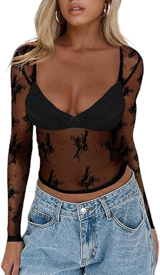 Damen Transparente Spitzenbluse mit eleganten Details R&B