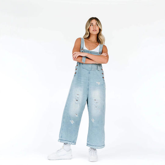Damen lässige Denim-Latzhose mit trendigen Destroyed-Details R&B