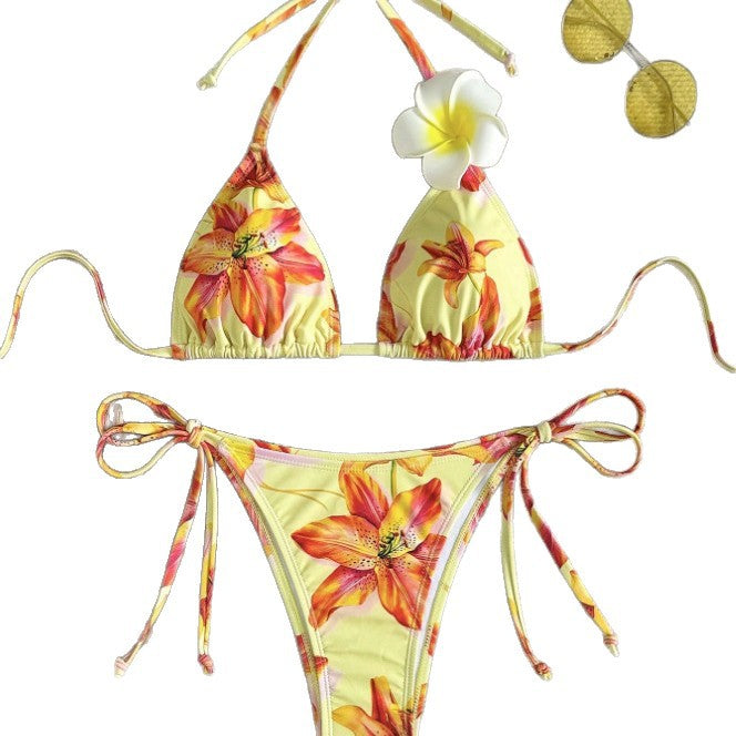 Damen Triangel-Bikini mit floralem Design und verstellbaren Seitenschnürungen R&B