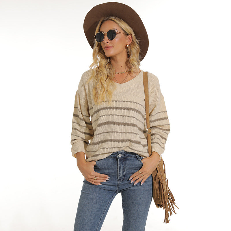 Damen lässiger Pullover mit modernem Streifenmuster und V-Ausschnitt R&B