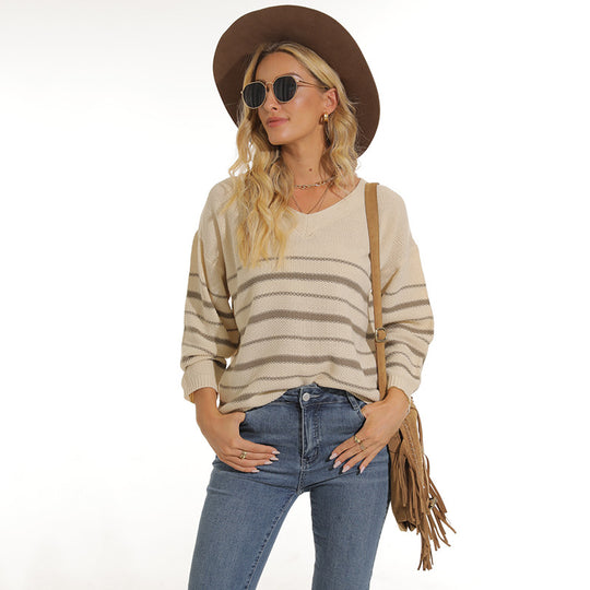 Damen lässiger Pullover mit modernem Streifenmuster und V-Ausschnitt R&B