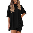 Damen Kurzes Pyjama-Set mit lockerem Shirt und Shorts R&B