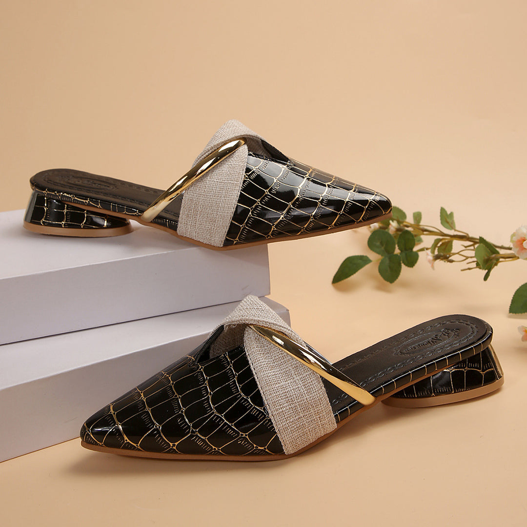 Damen elegante Pantoletten mit schimmerndem Goldakzent R&B