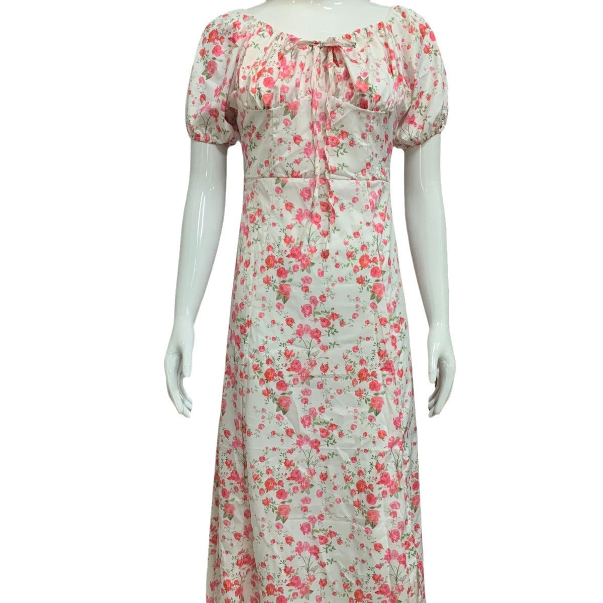 Damen Sommerliches Blumenkleid mit hochgeschlossenem Ausschnitt und Puffärmeln R&B