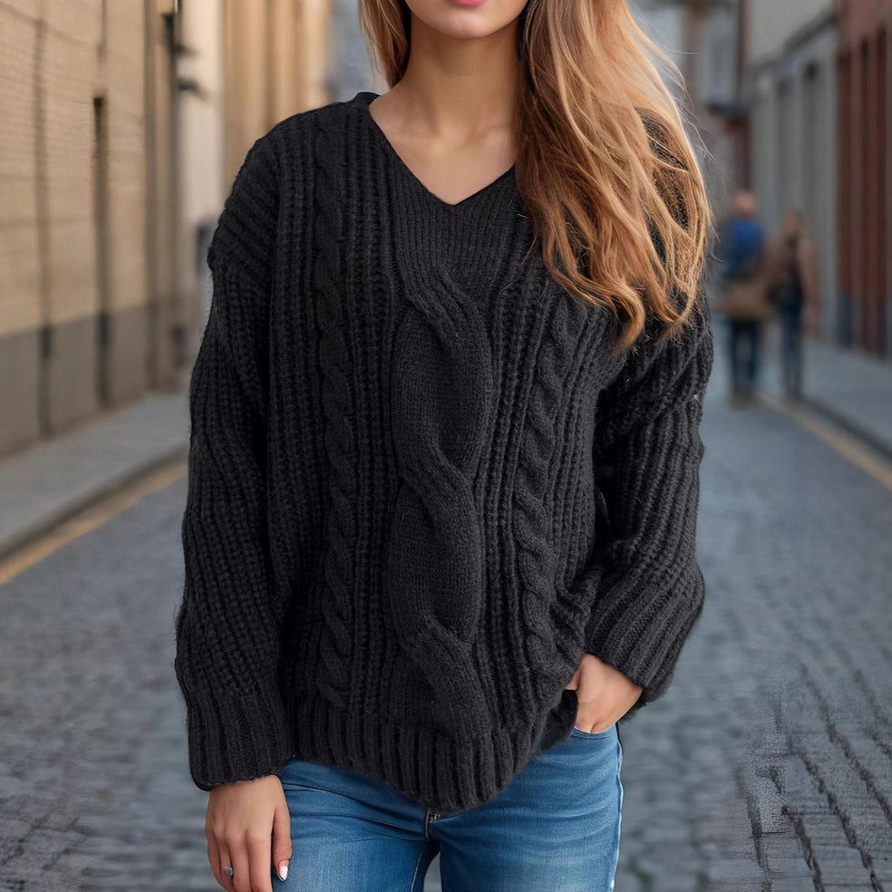 Damen Grobstrickpullover mit kreativem Zopfdesign und lässigem Schnitt R&B