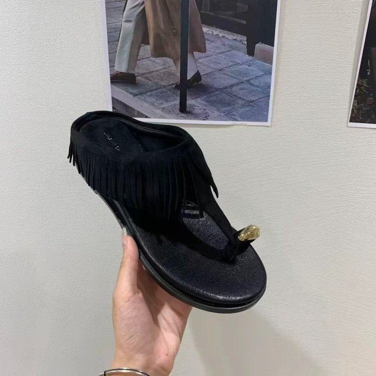 Damen elegante Flip-Flops mit fransiger Lederoptik und komfortablem Fußbett R&B