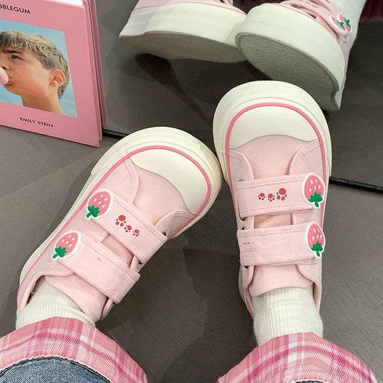 Damen Freizeit-Sneaker mit niedlichen Erdbeer-Applikationen und praktischem Klettverschluss R&B