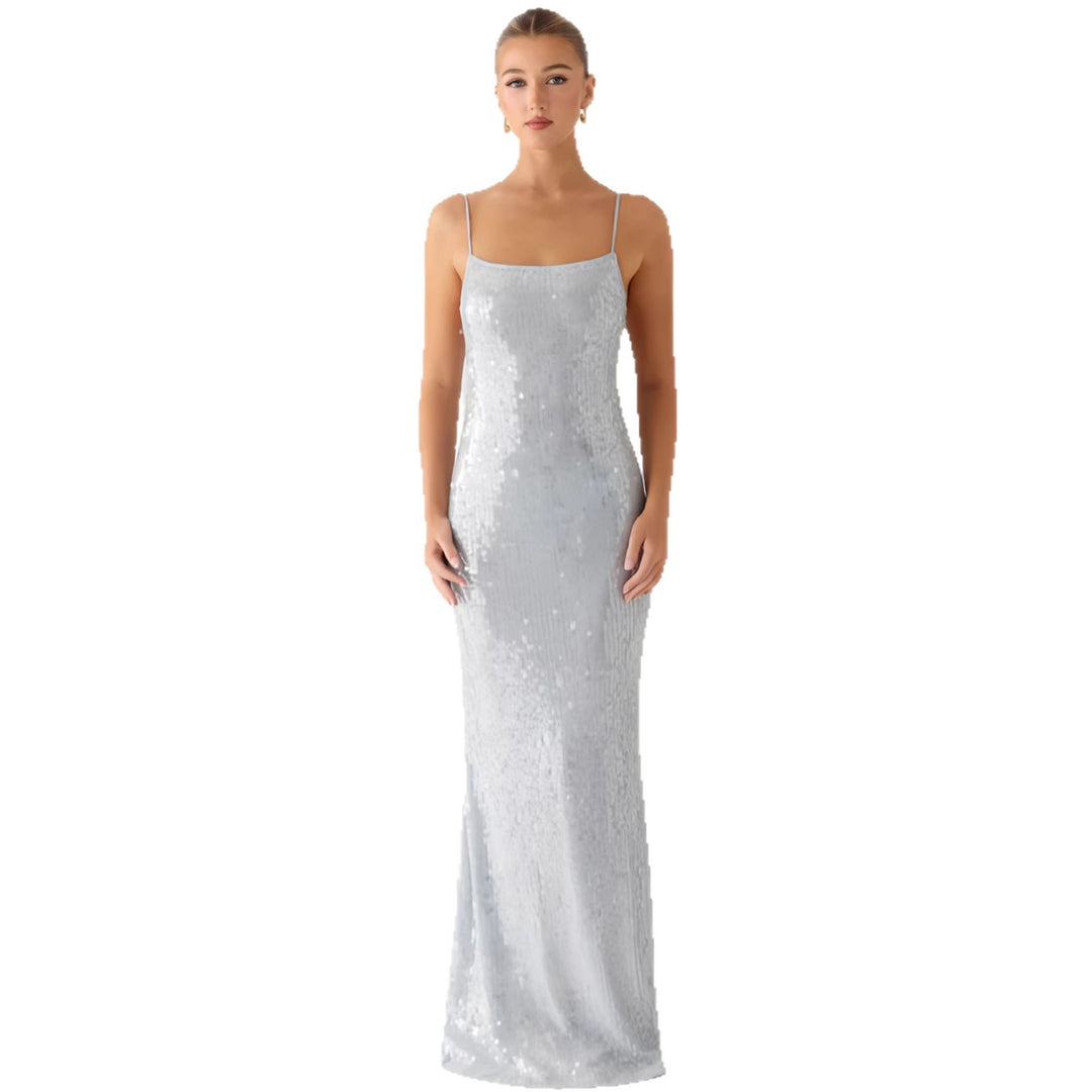 Damen Glamouröses Pailletten-Maxikleid mit schmalem Schnitt und feinen Spaghettiträgern R&B
