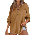 Damen Waffelstruktur Bluse mit Knopfleiste und Brusttasche R&B