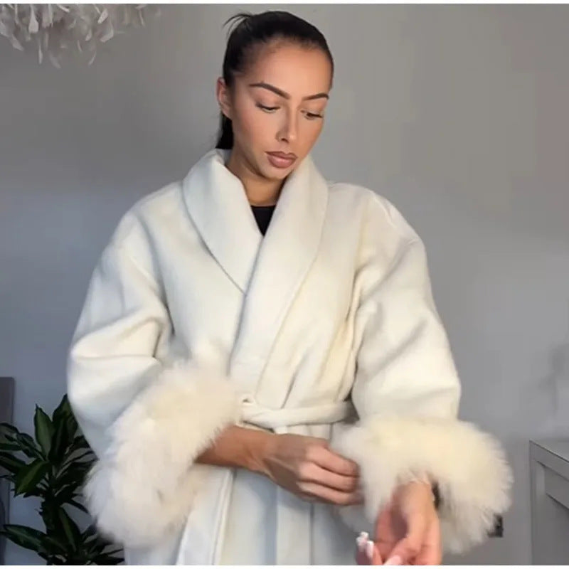 Damen Elegante Wickeljacke mit Teddyfellärmeln R&B