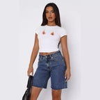 Damen Kurzarm Crop-Top mit fruchtigem Motiv und figurbetontem Schnitt R&B