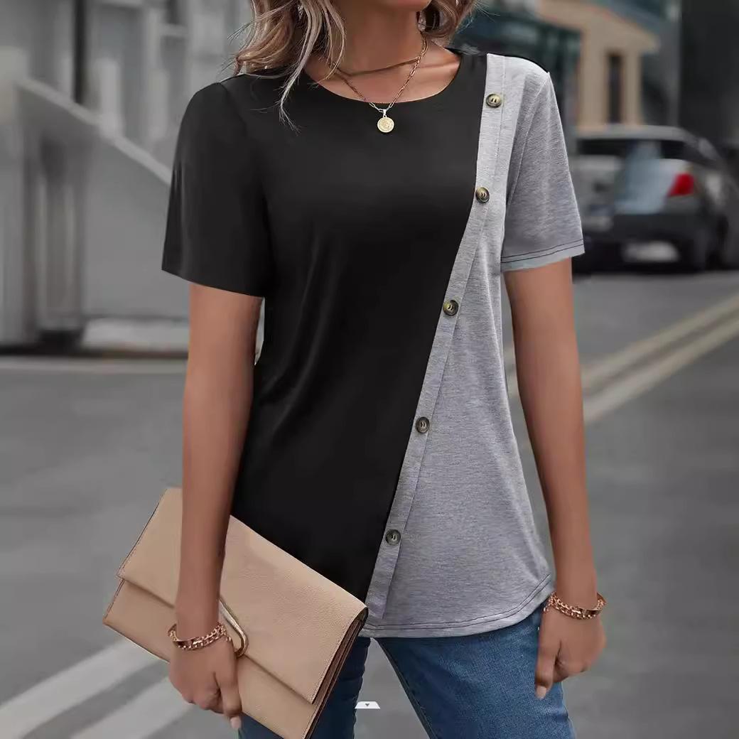 Damen kurzärmliges T-Shirt mit asymmetrischem Design und Knopfdetails R&B