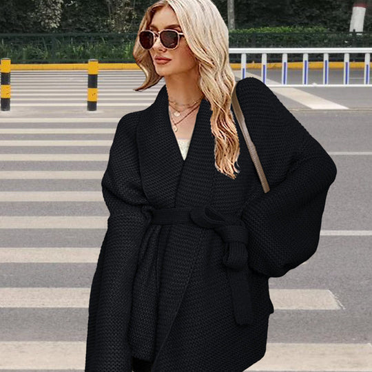 Damen Grobstrickjacke mit breitem Gürtel und weitem Schnitt R&B