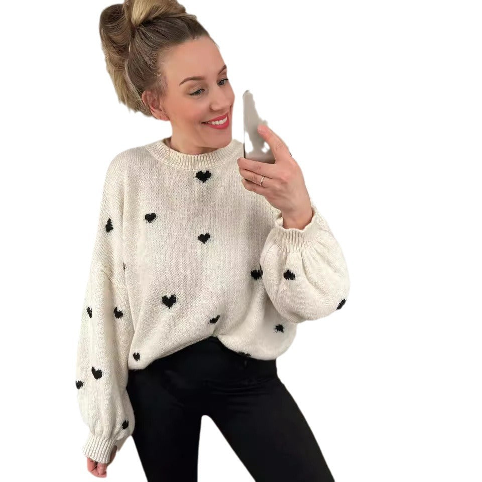 Damen lässiger Strickpullover mit herzförmigen Mustern und angeschnittenen Ärmeln R&B