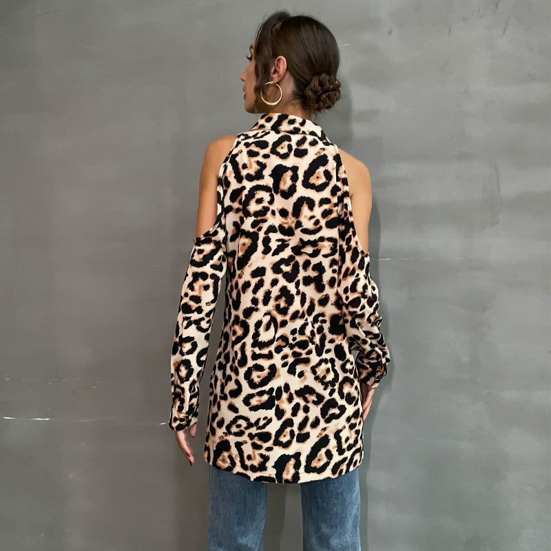 Damen Bluse mit offenen Schultern und Leopardenmuster R&B