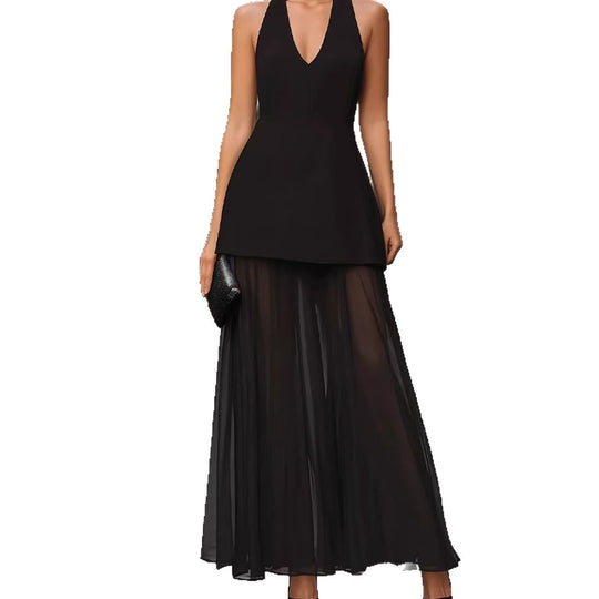 Damen Elegantes Maxikleid mit tiefem V-Ausschnitt und transparentem Überrock R&B