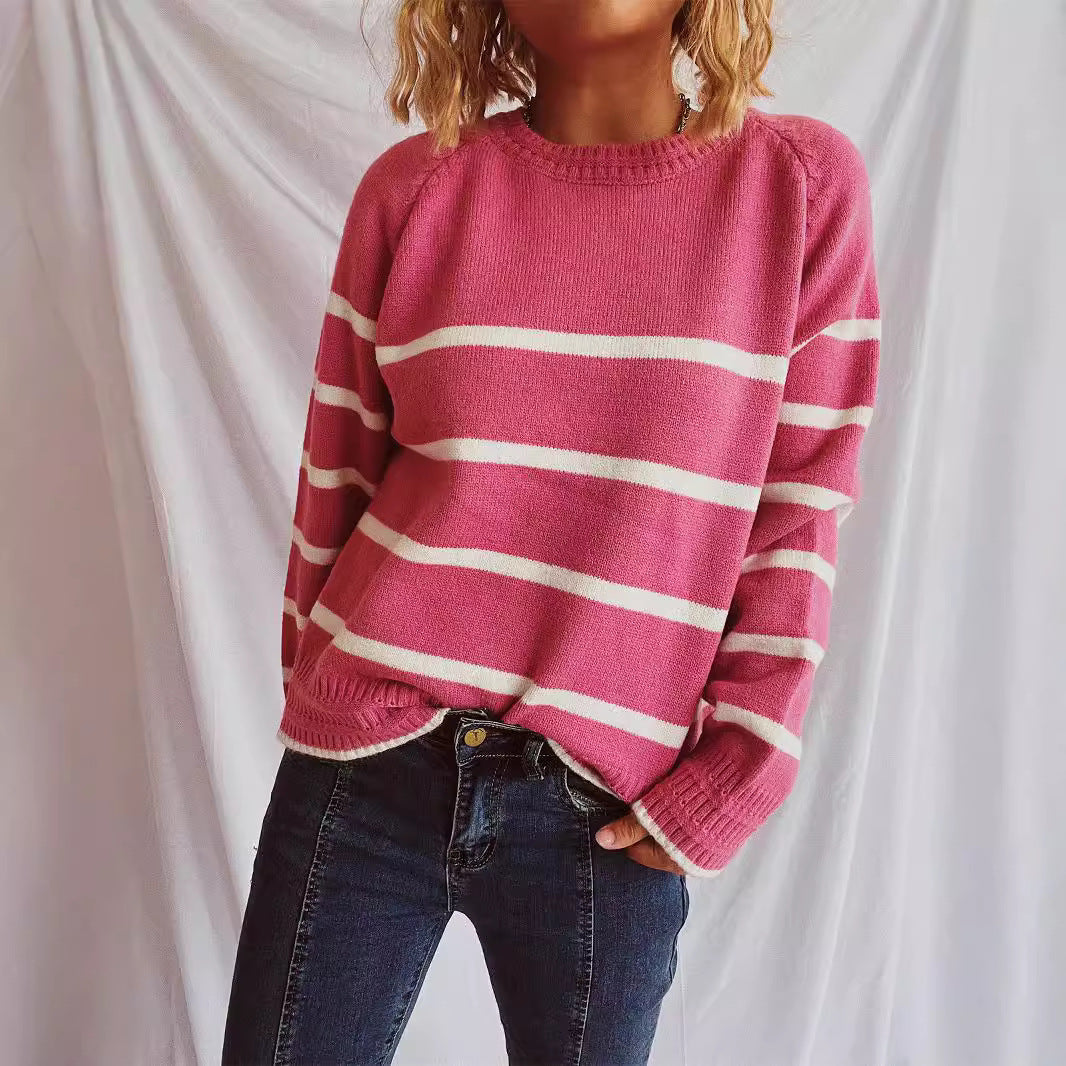Damen lässiger Pullover mit strukturiertem Kragen und modischem Streifenmuster R&B